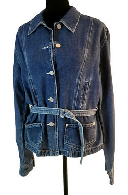 Karen Kane Lifestyle Jean Jacket Belted Denim Breast Pockets Buttons Small Biker